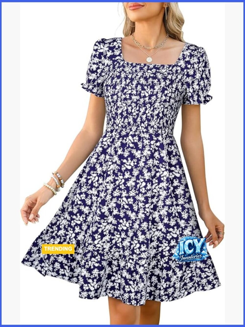 Short Sleeve Square Neck A-Line Tiered Sundress with Pockets